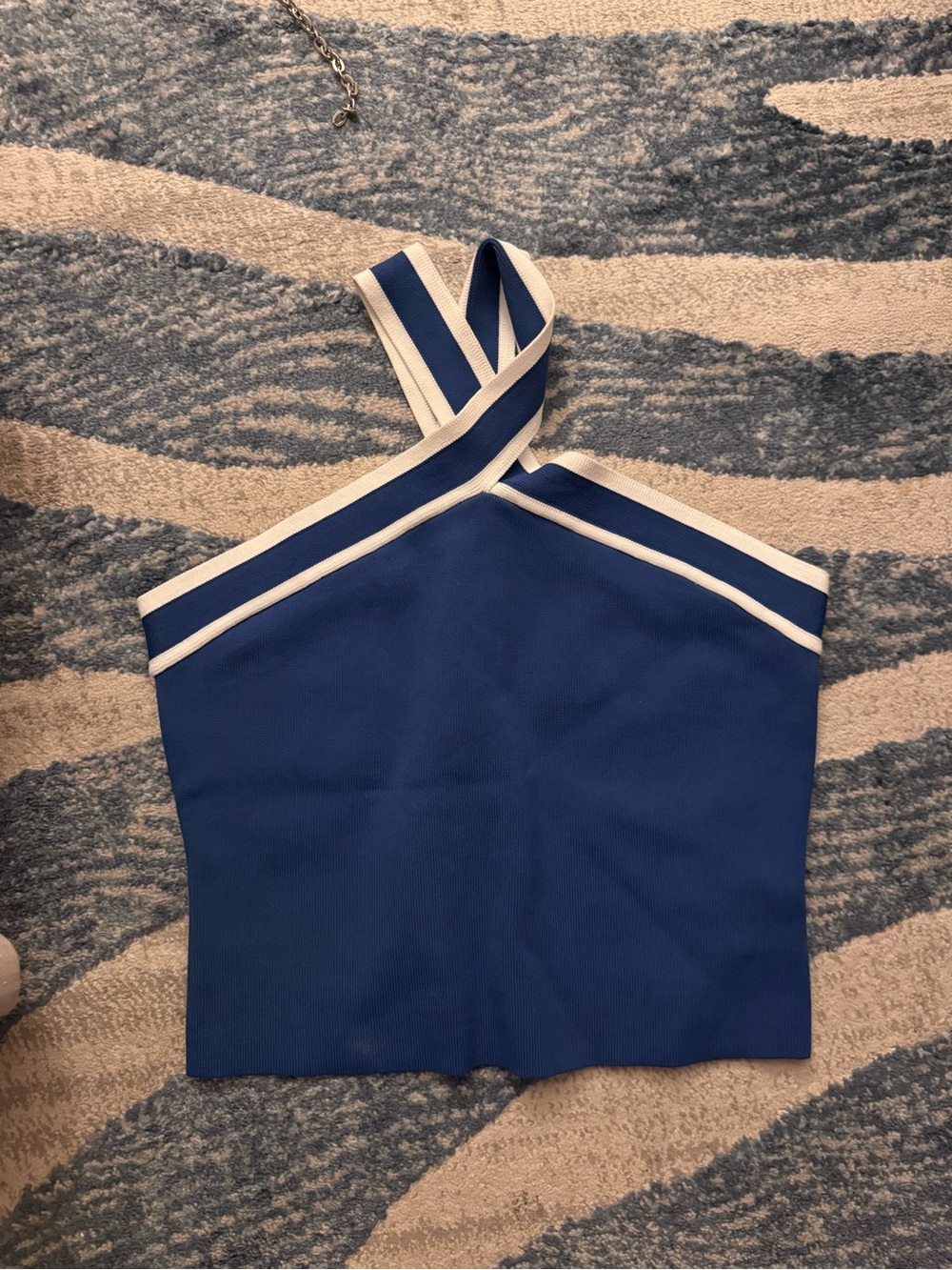 Blue Halter Crop Top with White Trim